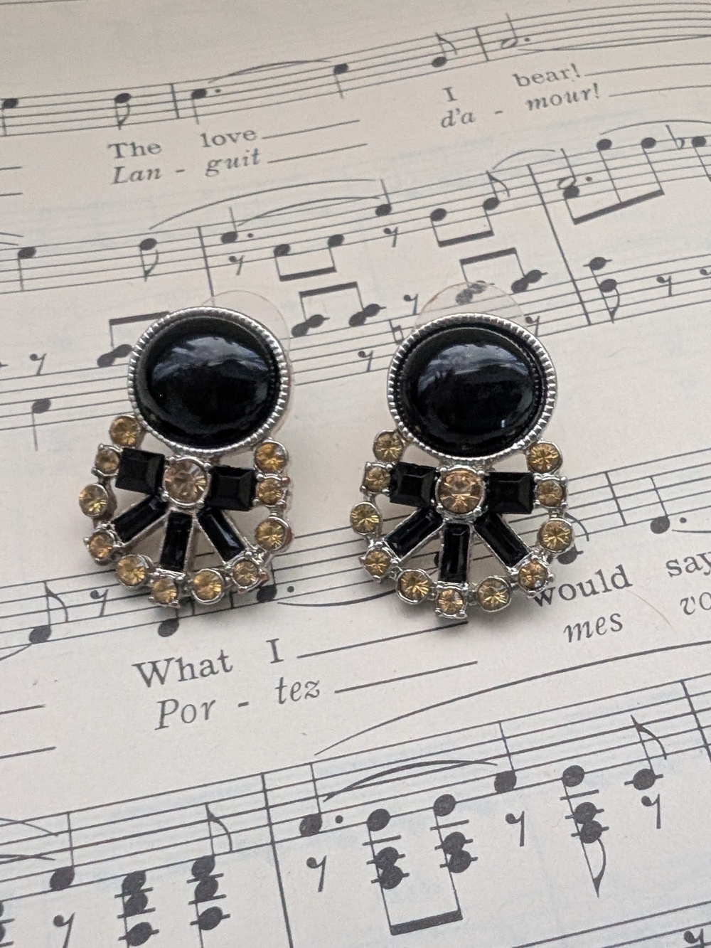 Vintage Black and Gold Crystal Stud Earrings - Unbranded